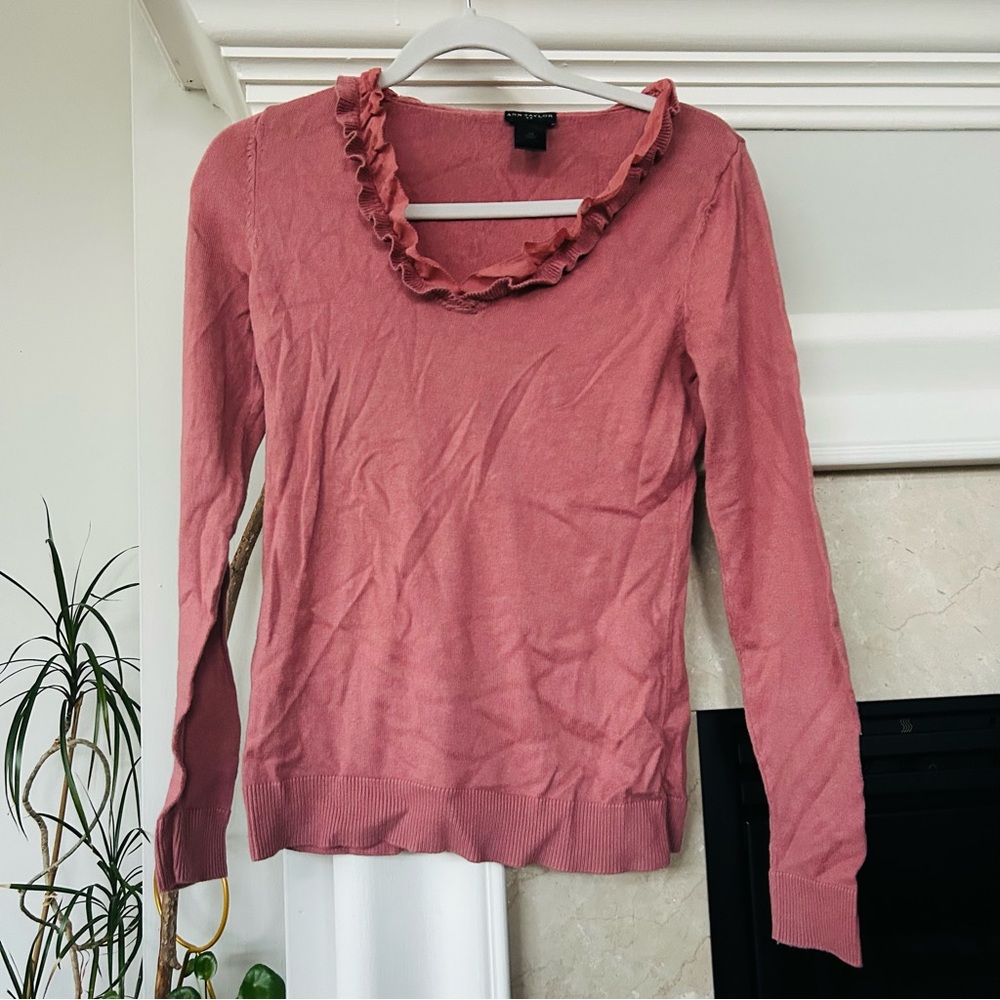 Ann Taylor Ruffled Collar Pink Sweater